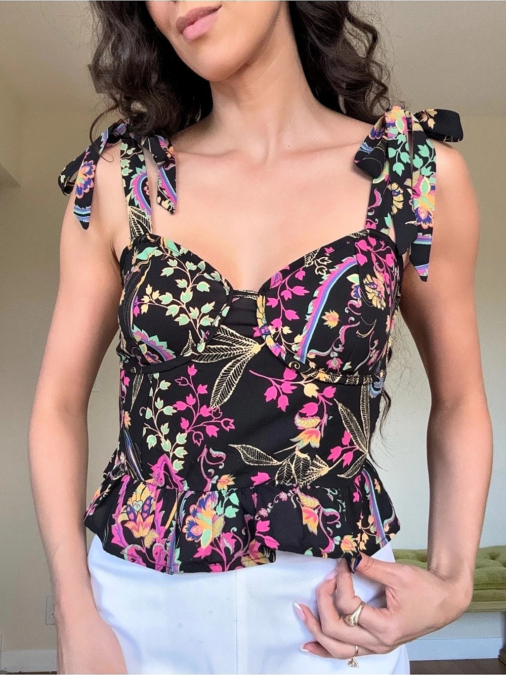 Floral Tie-Shoulder Peplum Top in Black
